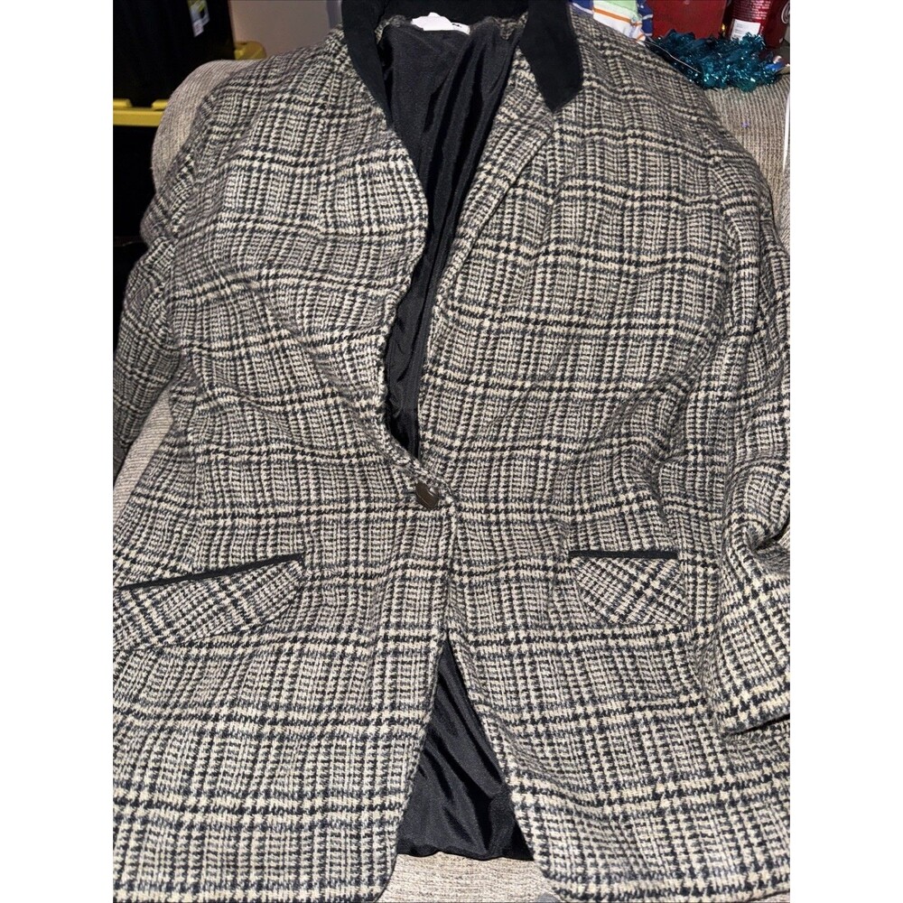 VTG David N 1980s Blazer Black White 100% Wool Velvet Collar And Buttons Sz 14